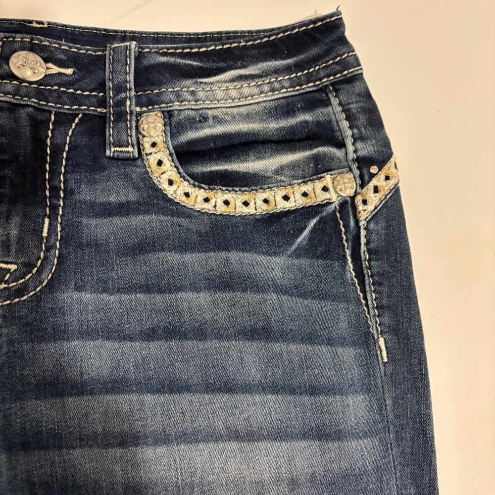 Miss Me Curvy Boot Jeans Womens 28 Blue Mid Rise Embellished Rhinestone Pockets - Picture 14 of 16